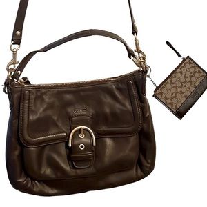 COACH Purse Dark Brown Leather Crossbody Handbag w/ BONUS Card Holder Wallet